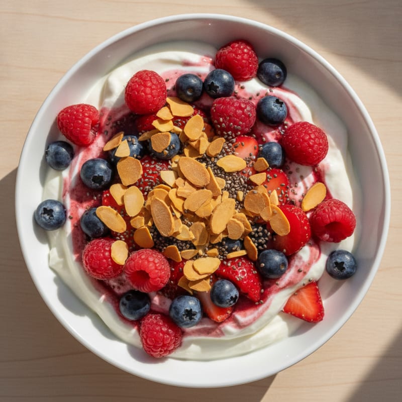 Greek Yogurt Protein Parfait with Mixed Berries and Almonds