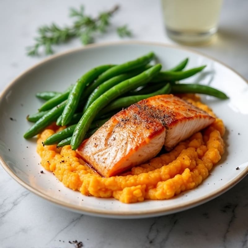 Seared Salmon with Steamed Green Beans and Sweet Potato Mash