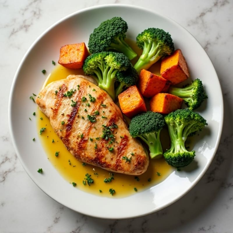 Lemon Garlic Pan-Seared Chicken with Roasted Broccoli and Sweet Potato