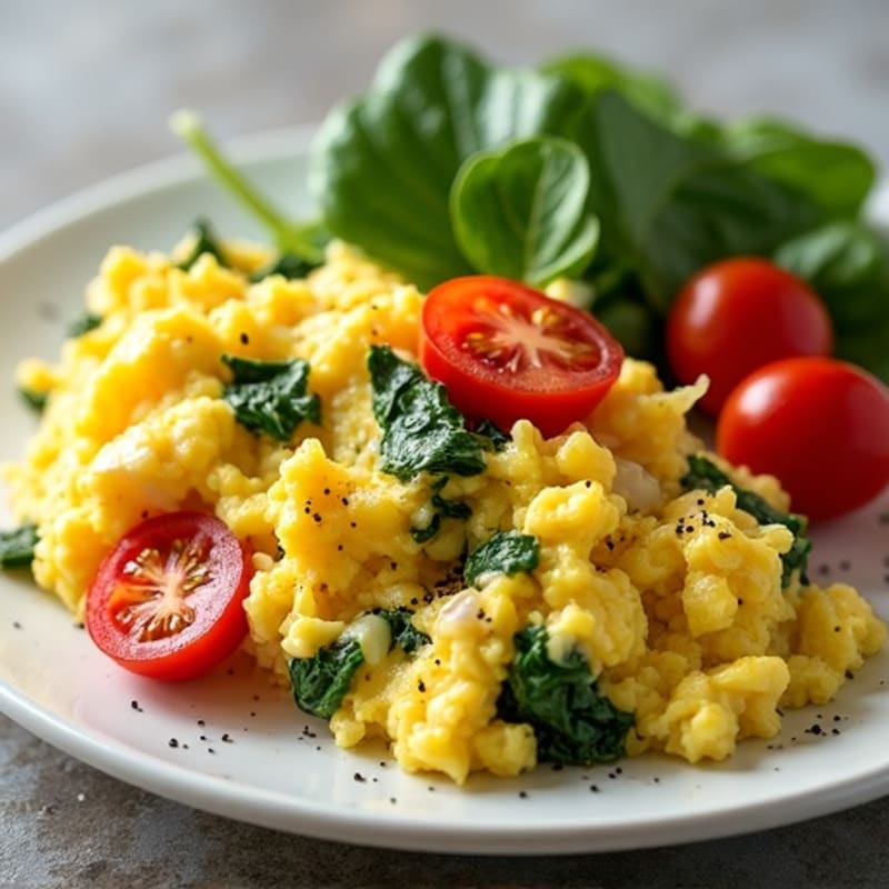 Fluffy Scrambled Eggs with Fresh Spinach and Tomatoes