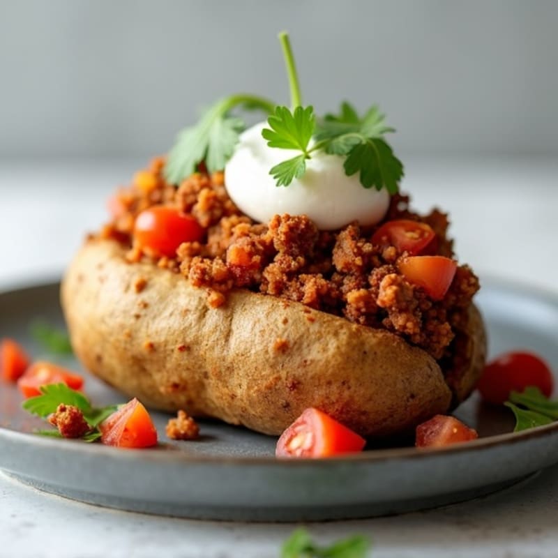 Crispy Baked Potato with Lean Ground Turkey Chili and Fresh Toppings