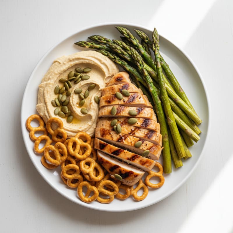 Grilled Chicken and Hummus Bowl with Asparagus and Pretzel Crisps