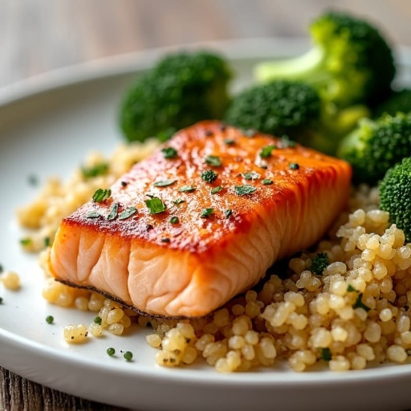 Seared Salmon with Roasted Broccoli and Garlic Quinoa