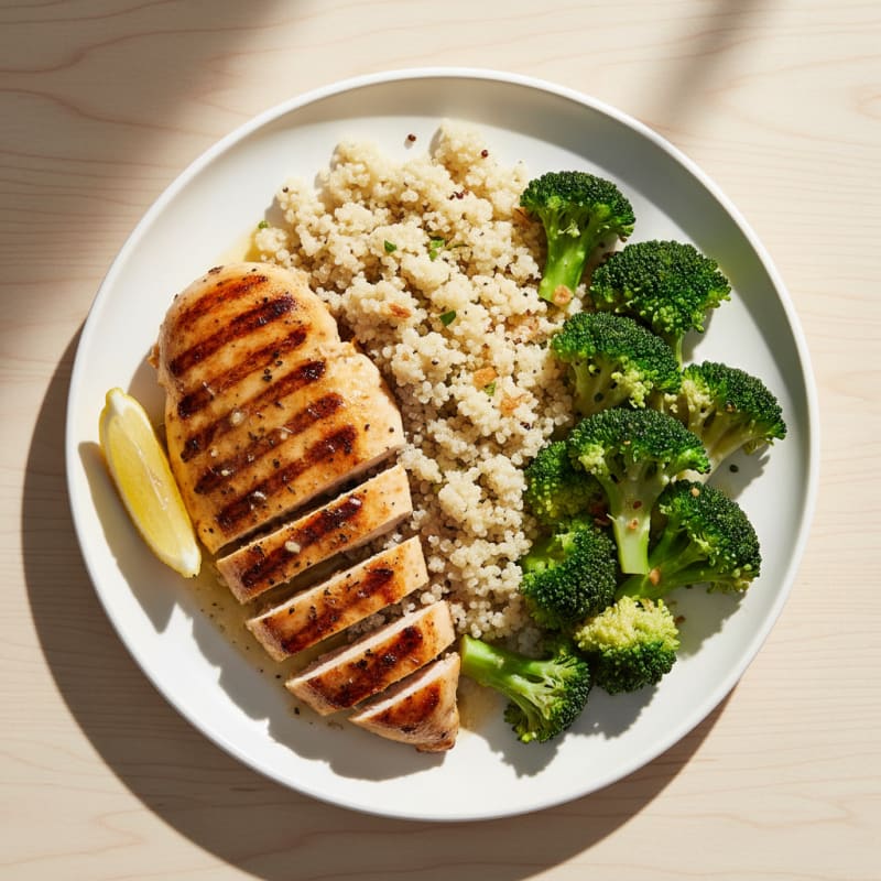 Grilled Chicken Breast with Steamed Broccoli and Quinoa