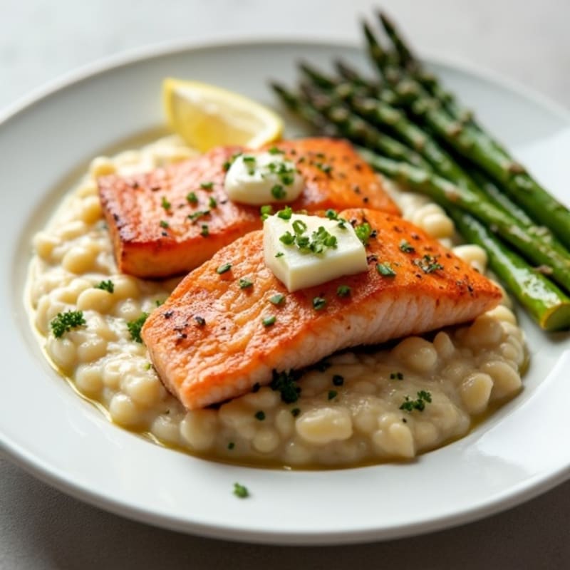 Seared Salmon with Creamy White Bean Mash and Roasted Asparagus