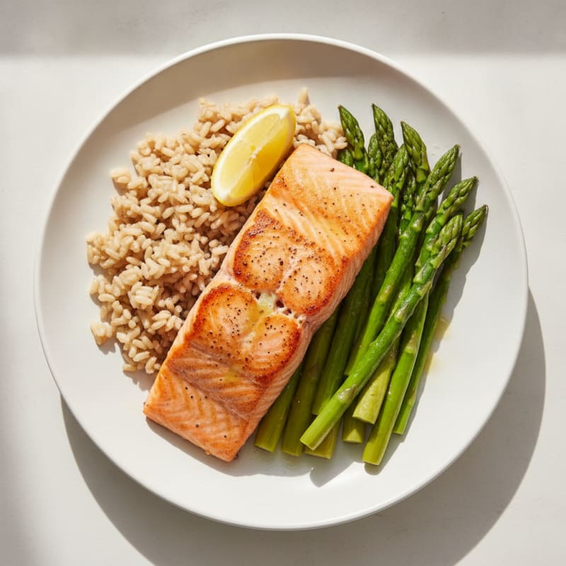 Seared Salmon with Steamed Asparagus and Brown Rice