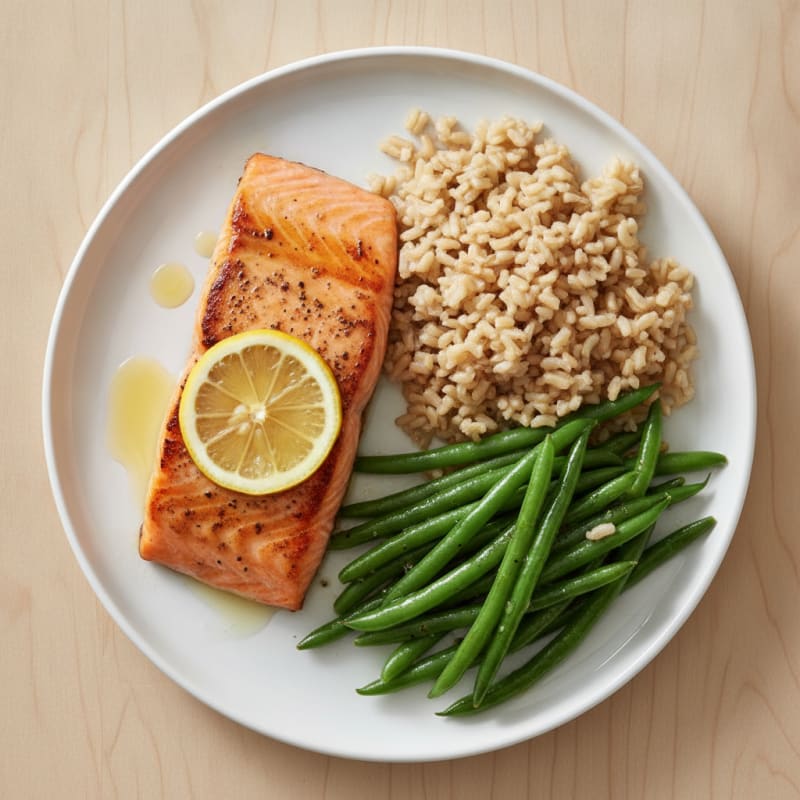 Seared Salmon Fillet with Steamed Green Beans and Brown Rice