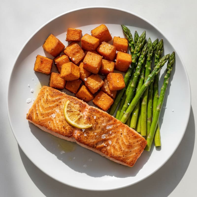 Pan-Seared Salmon with Roasted Sweet Potatoes and Asparagus