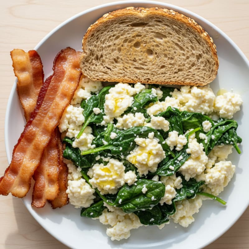 Cottage Cheese Scramble with Spinach and Turkey Bacon