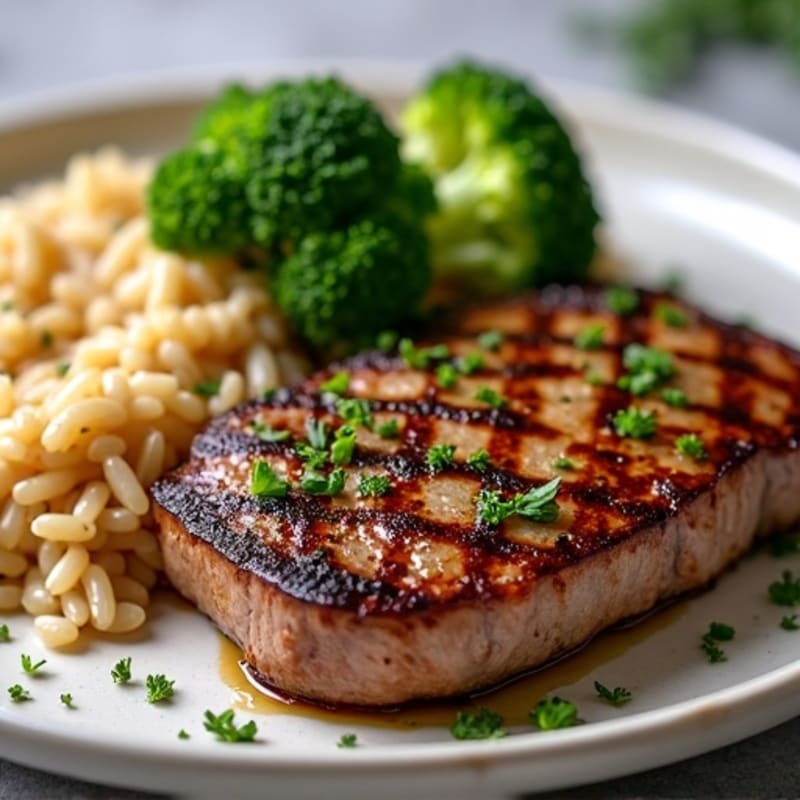 Garlic Herb Seared Steak with Fluffy Brown Rice and Roasted Broccoli