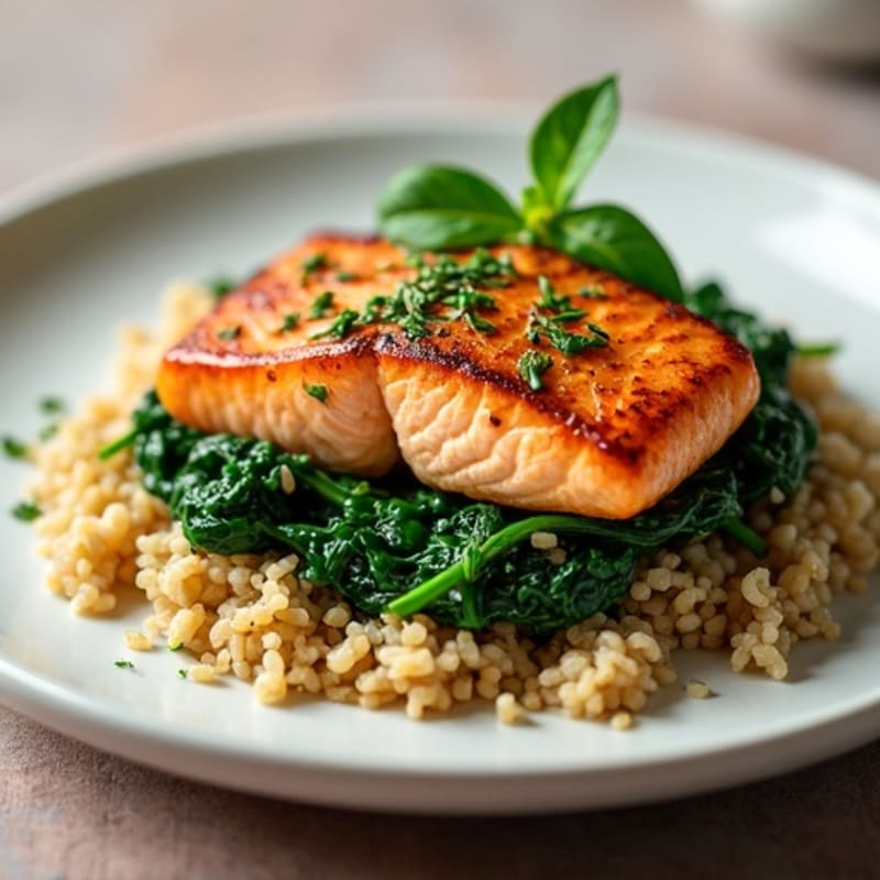 Seared Salmon with Garlic Spinach and Brown Rice