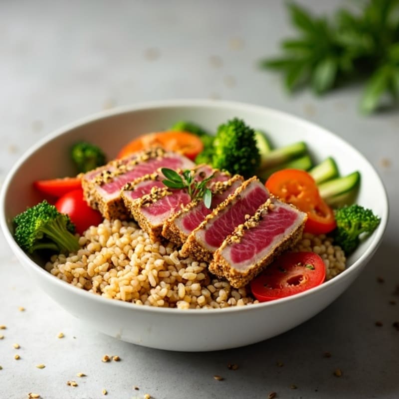 Sesame-Crusted Tuna Rice Bowl with Fresh Vegetables