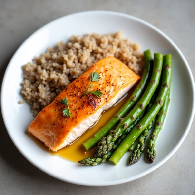 Seared Salmon with Steamed Asparagus and Brown Rice