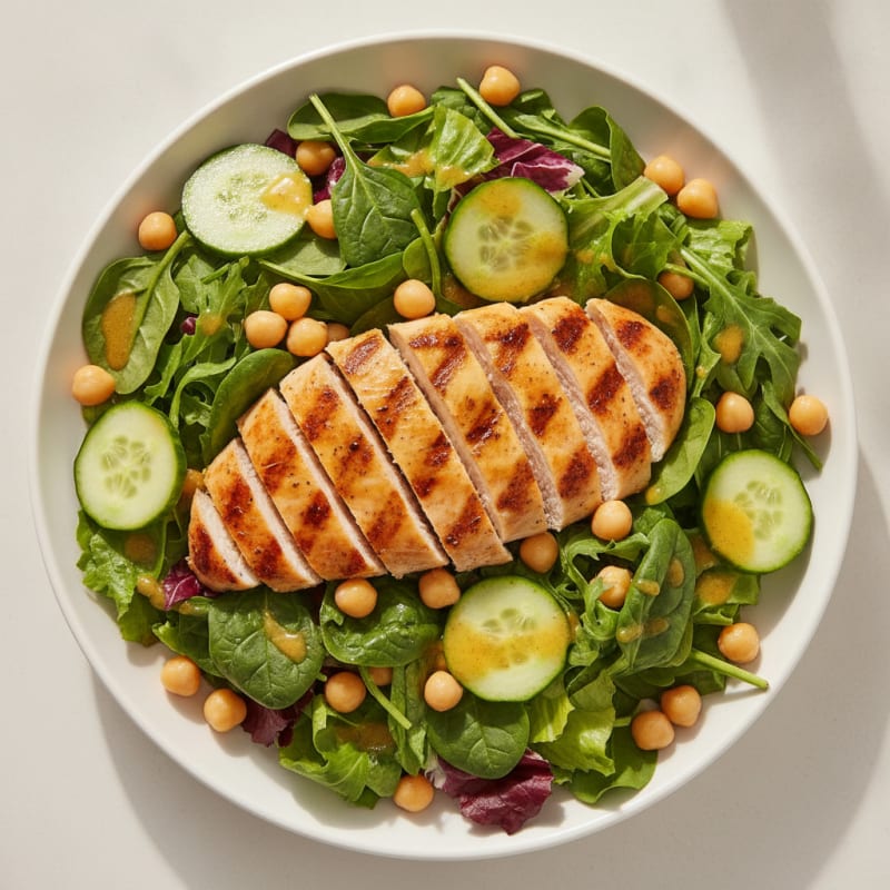 Grilled Chicken Breast Salad with Mixed Greens and Chickpeas