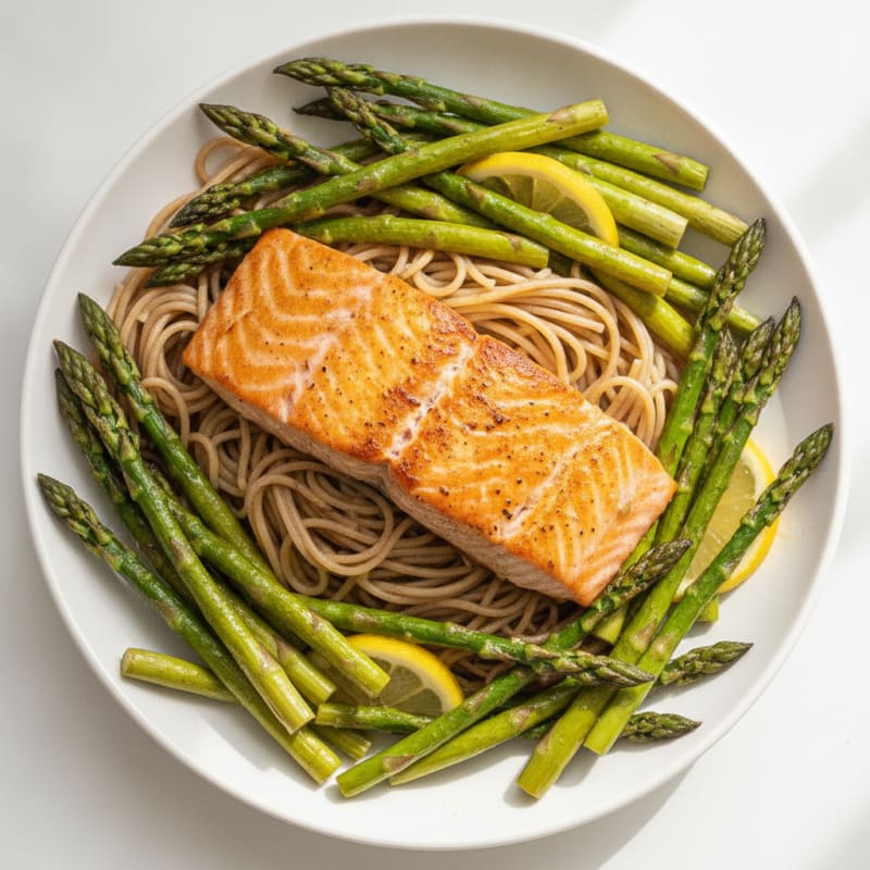 Pan-Seared Salmon with Garlic Wine Sauce and Roasted Asparagus