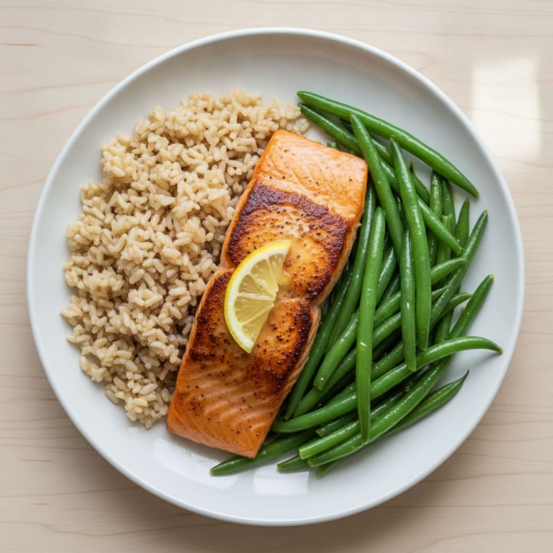 Seared Salmon with Steamed Green Beans and Brown Rice