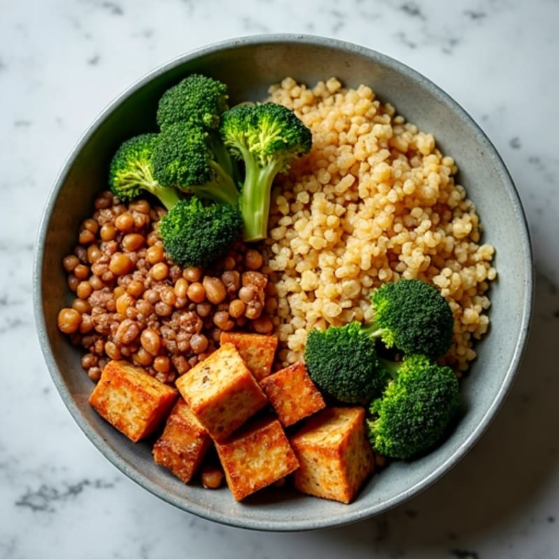 Lentil Tempeh Power Bowl with Quinoa and Roasted Broccoli