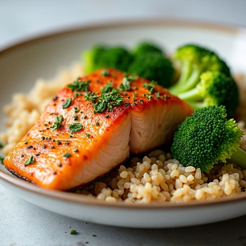 Seared Salmon with Steamed Broccoli and Brown Rice