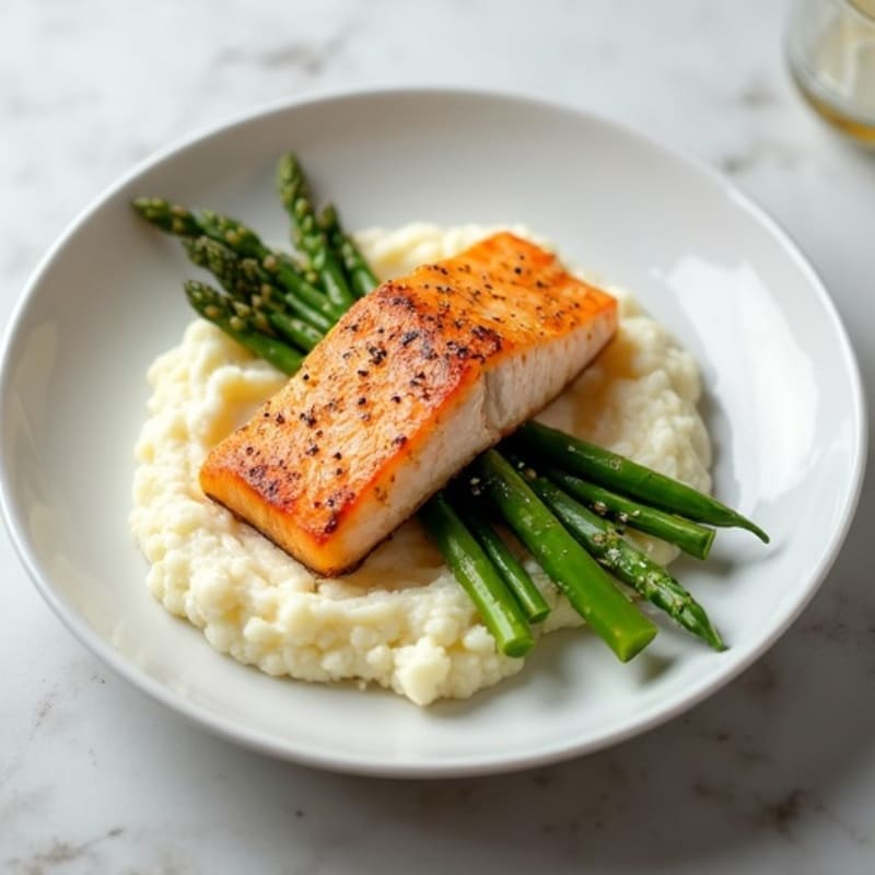 Seared Salmon with Steamed Asparagus and Cauliflower Mash