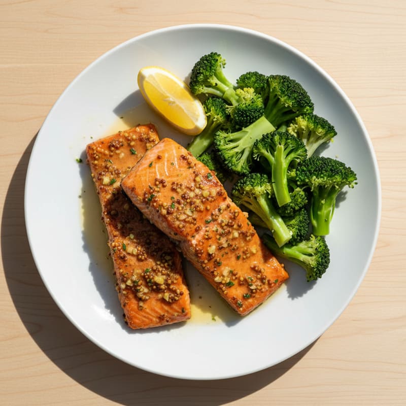Baked Garlic Dijon Salmon with Steamed Broccoli