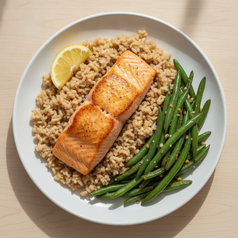 Seared Salmon Fillet with Garlic Green Beans and Brown Rice