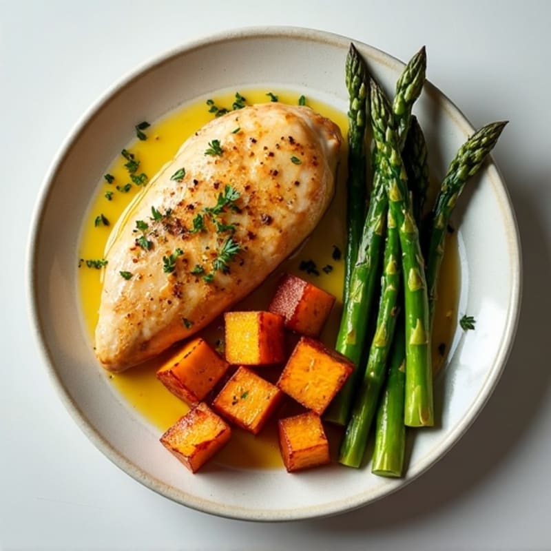 Lemon Garlic Pan-Seared Chicken with Roasted Asparagus and Crispy Sweet Potatoes