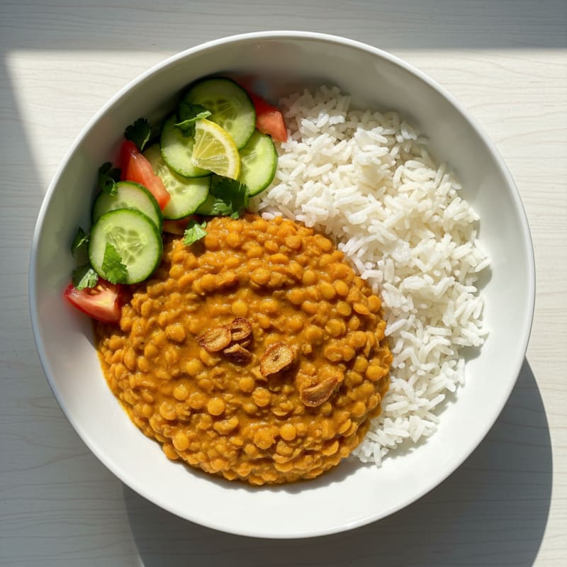 Lentil Dal with Steamed Rice and Cucumber Salad