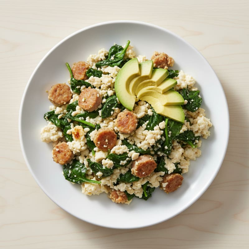 Egg White and Turkey Sausage Scramble with Sautéed Spinach