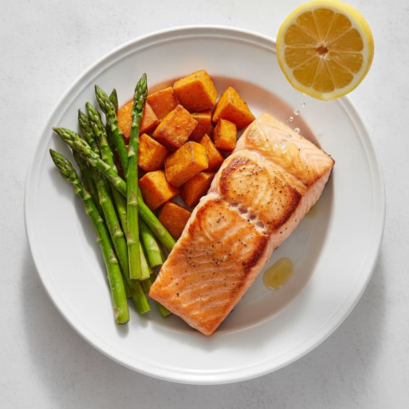 Seared Salmon with Roasted Sweet Potato and Asparagus