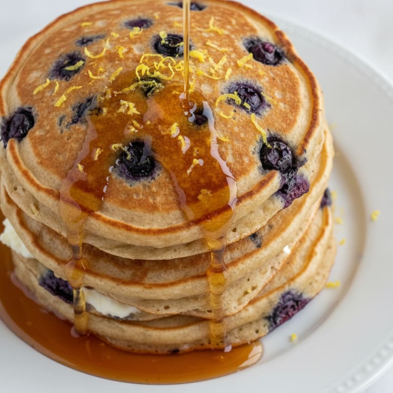 Blueberry Ricotta Pancakes with Maple Syrup