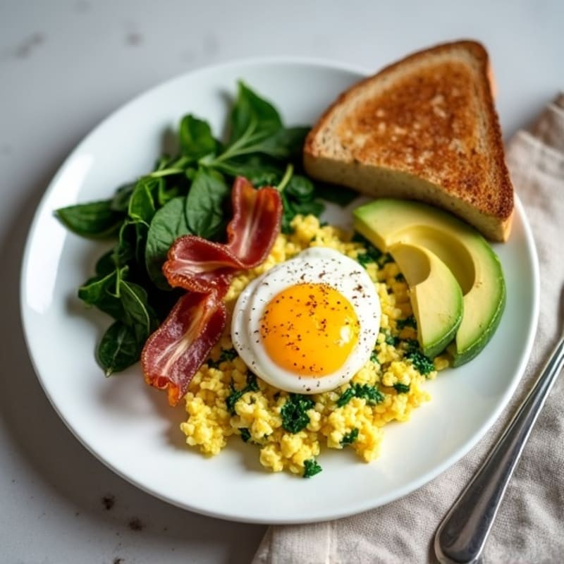 Cottage Cheese Egg Scramble with Spinach and Turkey Bacon
