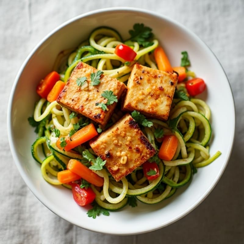 Crispy Tofu and Fresh Veggie Zucchini Noodles with Tangy Peanut Lime Dressing