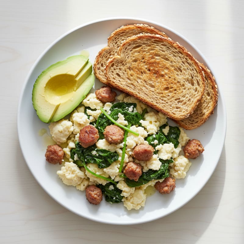 Egg White Scramble with Turkey Sausage and Sautéed Spinach