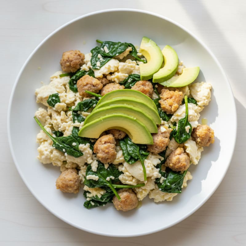 Egg White and Turkey Sausage Scramble with Sautéed Spinach
