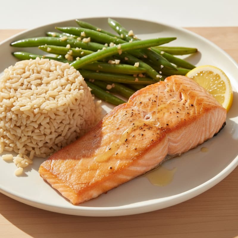 Seared Salmon with Garlic Green Beans and Brown Rice