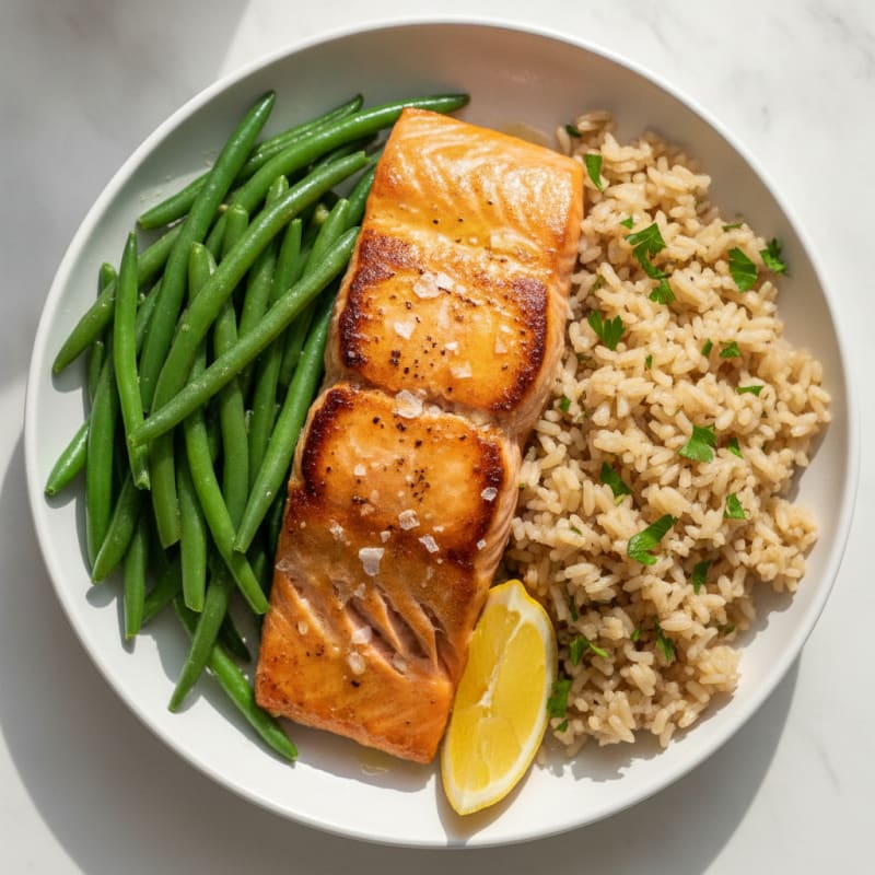 Seared Salmon with Steamed Green Beans and Herb Rice
