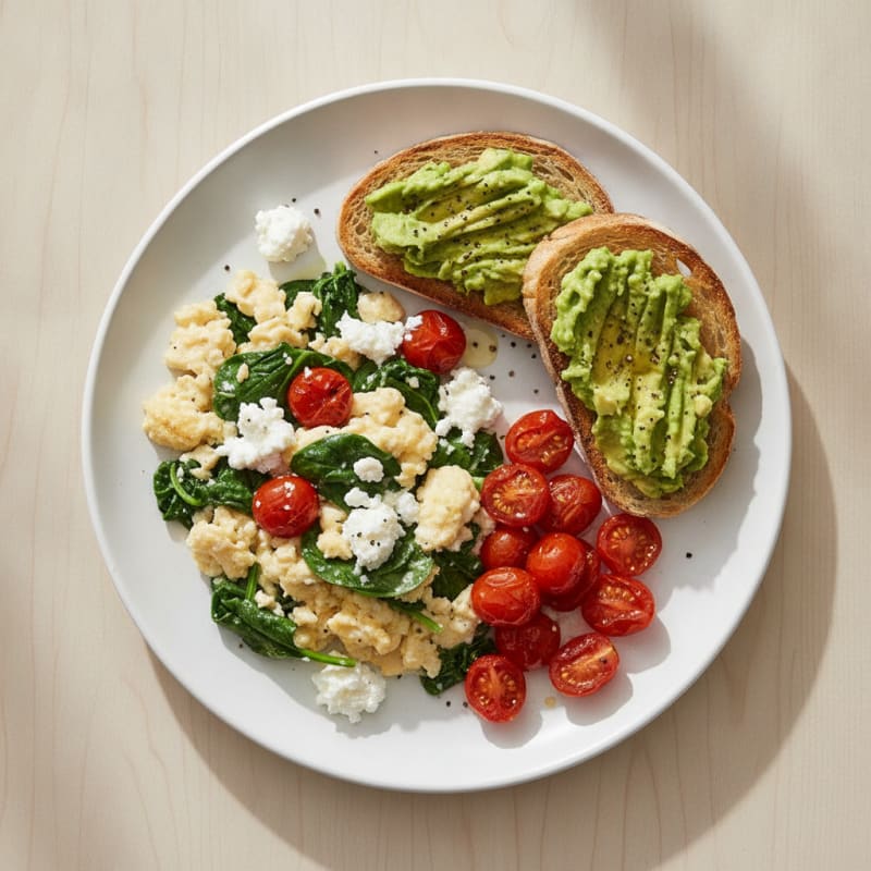 Egg White and Spinach Scramble with Cottage Cheese and Cherry Tomatoes