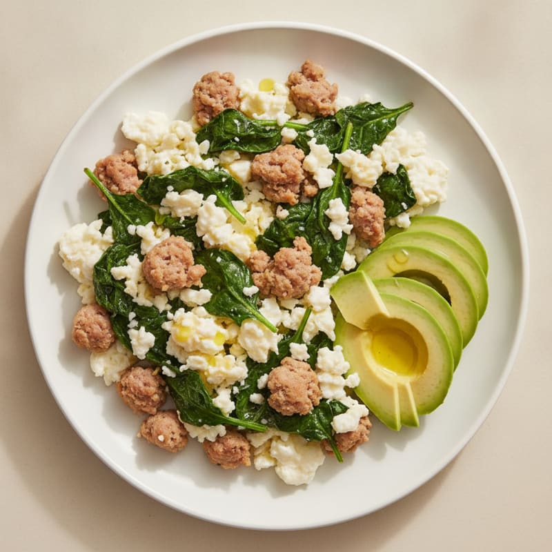 Egg White Scramble with Turkey Sausage and Sautéed Spinach