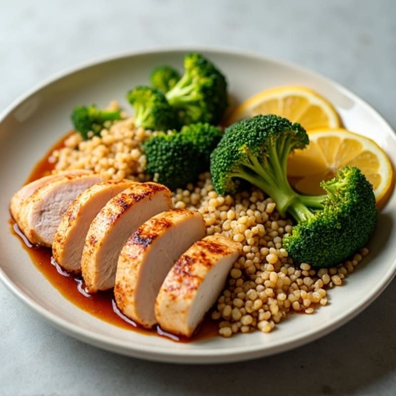 Grilled Turkey Breast with Roasted Broccoli, Quinoa, and Chili Wrap Sides