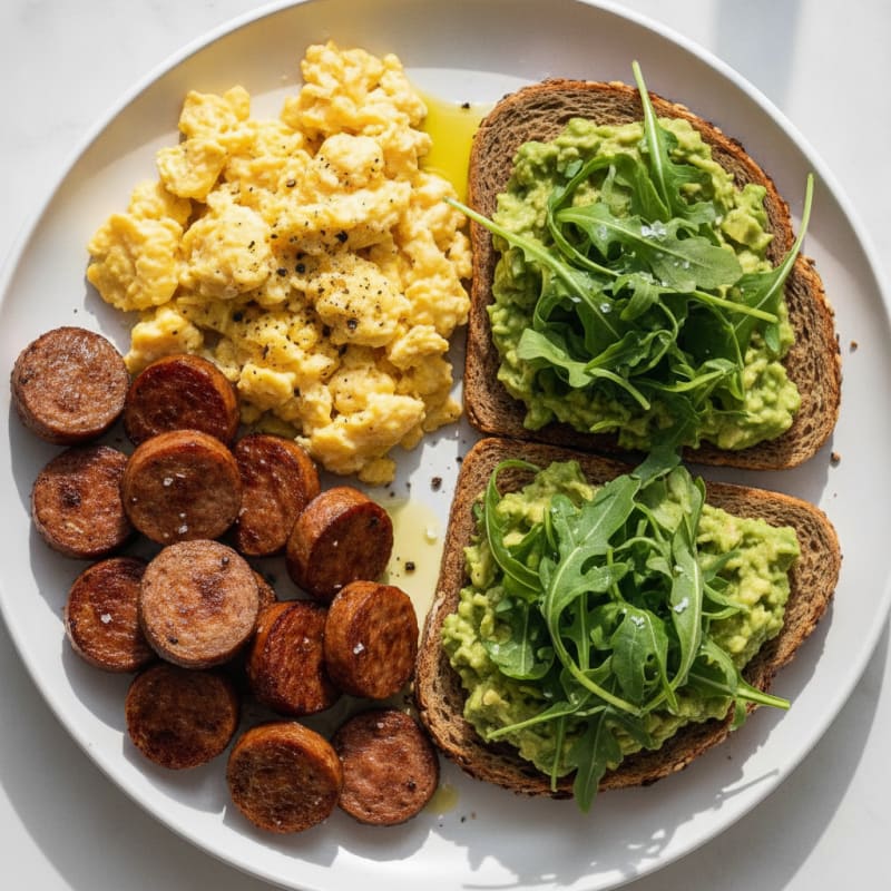 Kielbasa and Eggs with Arugula Avocado Toast