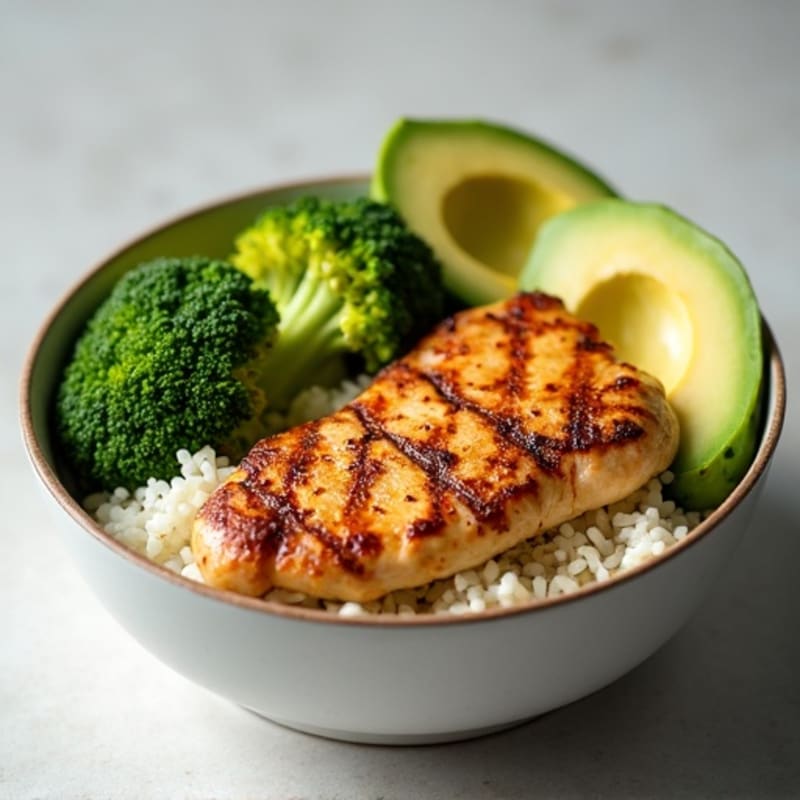 Grilled Chicken Rice Bowl with Roasted Broccoli and Avocado