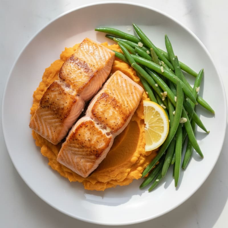 Seared Salmon with Garlic Green Beans and Sweet Potato Mash