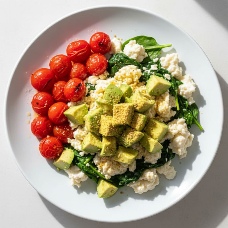 Egg White Spinach Scramble with Roasted Cherry Tomatoes