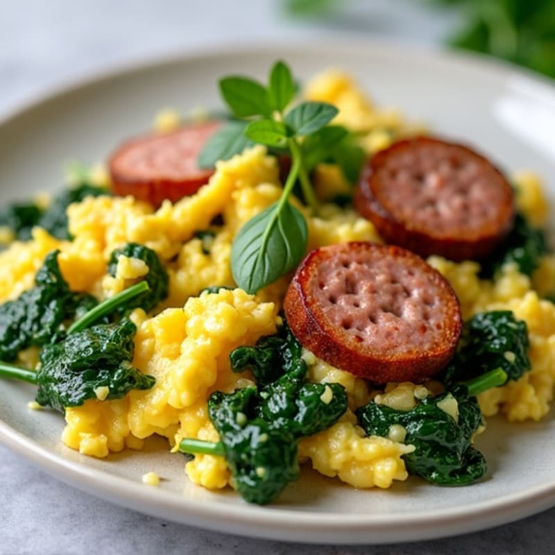 Egg White Spinach Scramble with Turkey Sausage