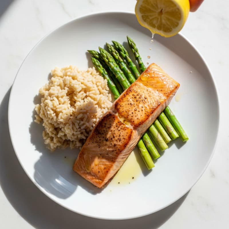 Pan-Seared Salmon with Steamed Asparagus and Brown Rice