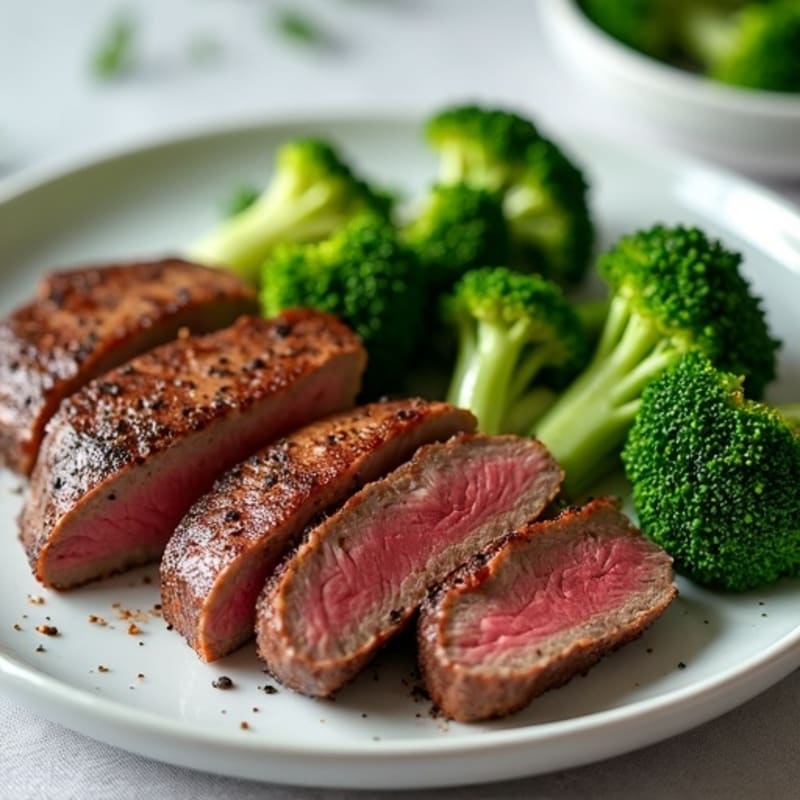 Seared Lean Beef Strips with Steamed Broccoli