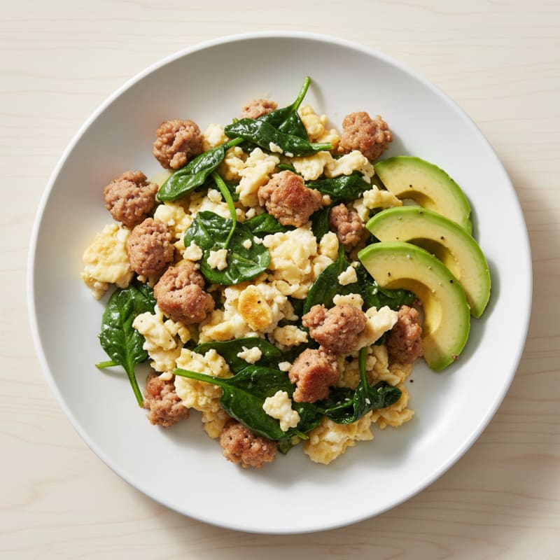 Egg White Scramble with Turkey Sausage and Sautéed Spinach