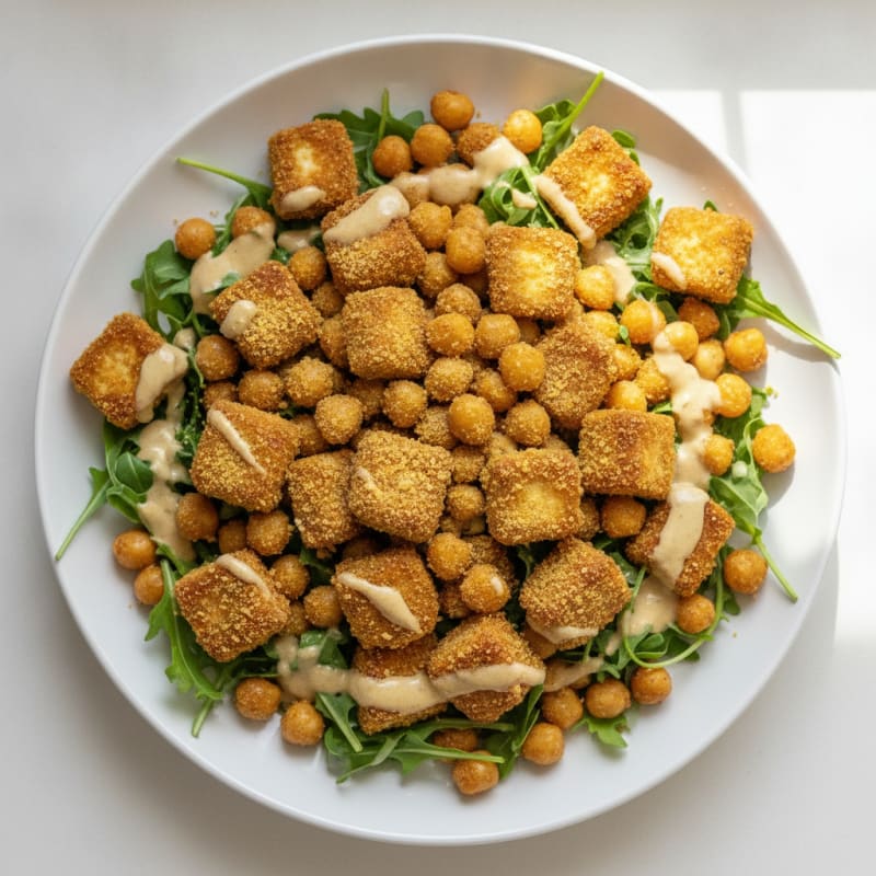 Crunchy Tofu and Chickpea Salad with Lemon Tahini Dressing