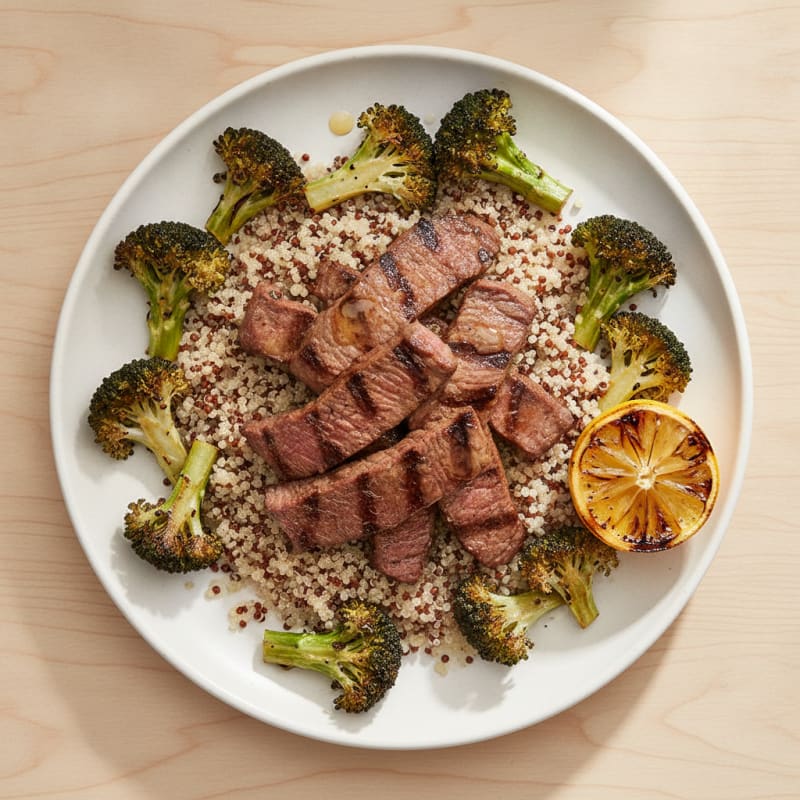 Grilled Beef Strips with Roasted Broccoli and Quinoa