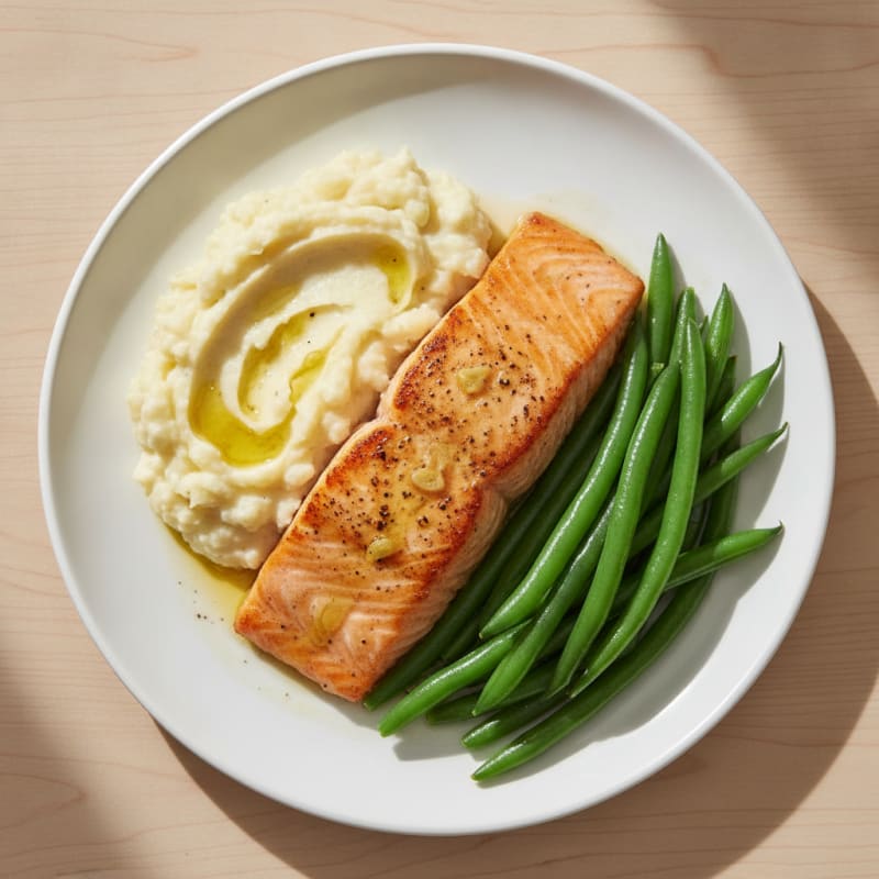 Seared Salmon with Steamed Green Beans and Garlic Mashed Cauliflower